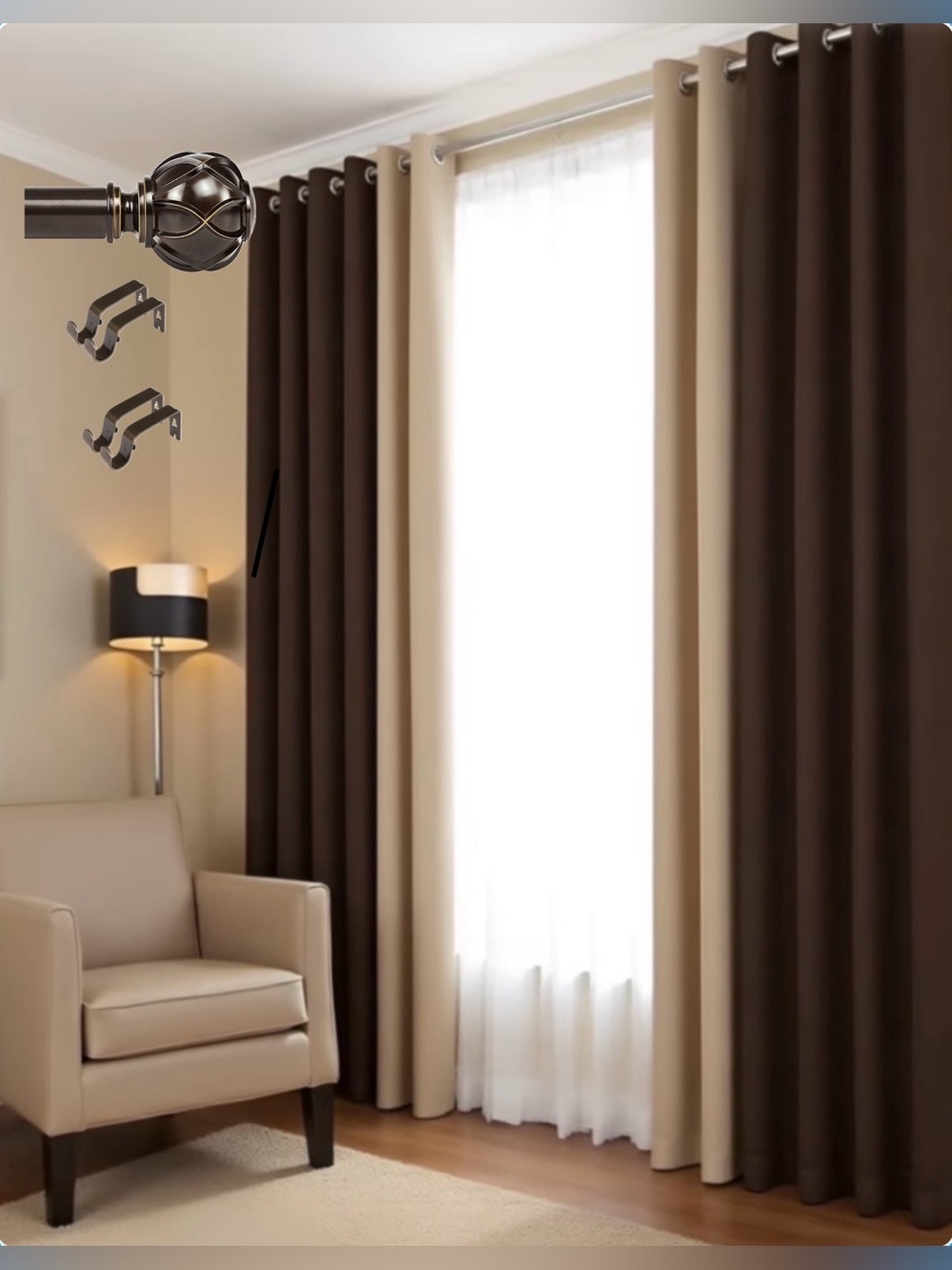 Luxurious Blackout High QualityThick Caramel & Vanilla Floor Curtains + Rod